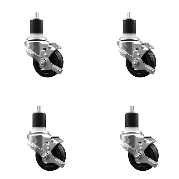 3'' SS Phenolic Swivel 1-7/8'' Expanding Stem Caster Set with Brake, 4PK